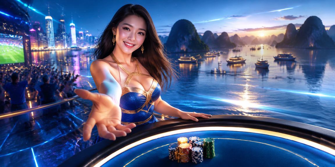 Quang cảnh đẹp tại Hạ Long Bay với bảng hiệu Baccarat neon sôi động